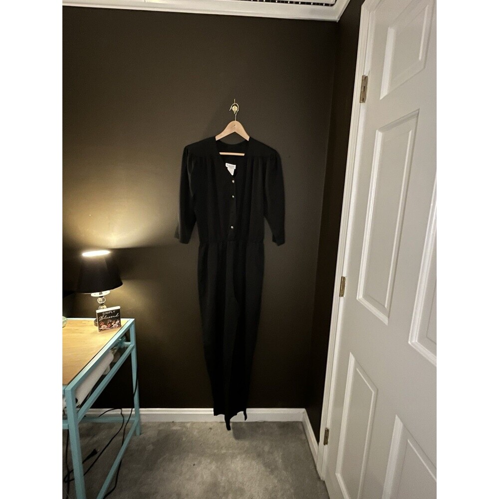 Vintage 80s By Berkeley Black Jumpsuit 16T Tall Rayon USA Button Front Wide Leg